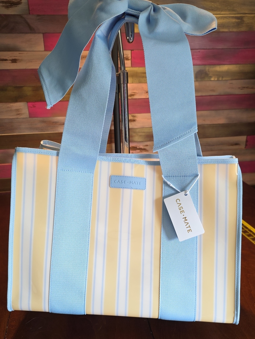 case-mate Light Blue and Cream Striped Tote with Ribbon Handles